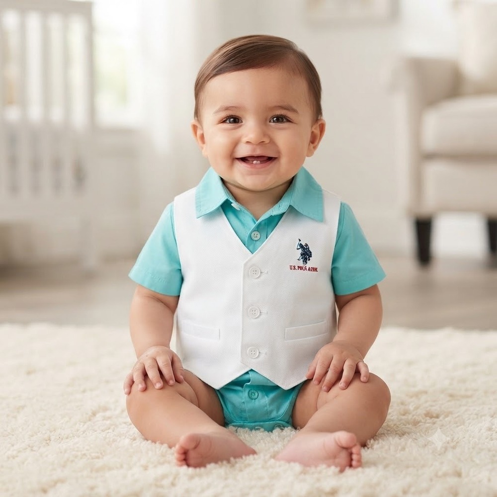 US Polo Assn Baby Boy 12M Turquoise Bodysuit and White Vest Formal 2pc Set